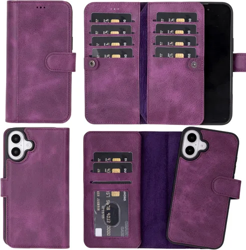 Vista 77 de HARDISTON Funda de piel auténtica de alta calidad hecha a mano para iPhone XR, tarjetero doble, funda magnética desmontable, función atril Marrón