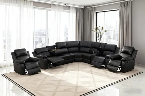 Vista 7 de Juego de sofá seccional reclinable manual, juegos de muebles de sala de estar de cuero regenerado en forma de L, sofá de esquina seccional