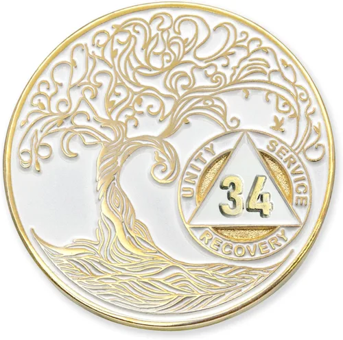 Vista 80 de 1 año Sobriety Mint Twisted Tree of Life Medallón de recuperación AA chapado en oro, chip/ficha - negro