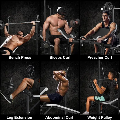 Vista 6 de Edostory Banco de pesas olímpico ajustable, equipo de entrenamiento para ejercicios en casa, banco de prensa con curl de predicador, desarrollador