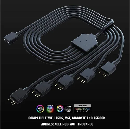 Vista 8 de Cooler Master Cable divisor de sincronización LED ARGB de 1 a 5, compatible con funda RGB direccionable de 3 pines, enfriador líquido, placa base