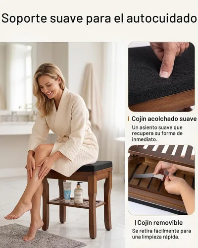 Vista 9 de StrongTek Taburete de ducha de bambú con cojín extraíble y estante, 350