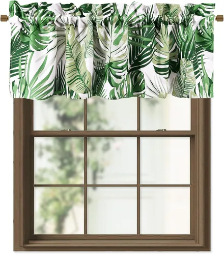 Vista 9 de Cenefas de cocina con hojas de Monstera verdes para ventanas, con bolsillo para cortinero de plantas tropicales, 52 x 18 pulgadas, cenefas