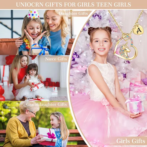 Vista 3 de Hidepoo Collar de unicornio para niñas Collar de unicornio chapado en oro de 14 quilates, oro rosa, oro blanco, circonita cúbica, collar