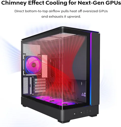 Vista 5 de Chasis para PC Montech King 15 Micro-ATX, vidrio panorámico curvo, enfriamiento de flujo de aire tipo chimenea, diseño de cámara dual, soporte