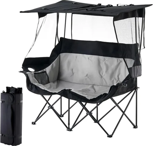 OFCASA Silla plegable al aire libre con paraguas, sillas de campamento, sofá biplaza, silla de exterior doble de gran tamaño con soporte para taza y