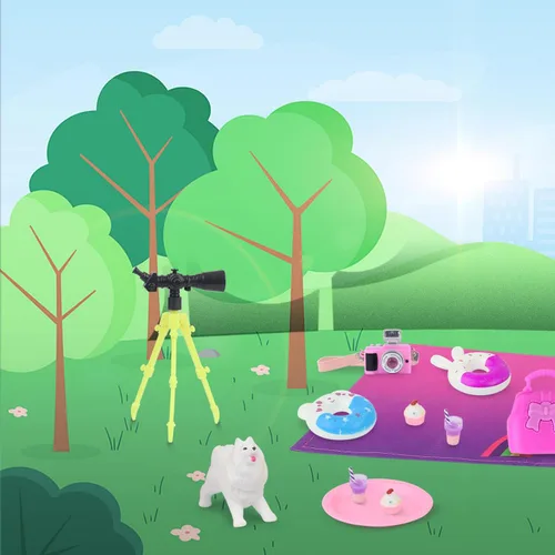 Vista 6 de Ecore Fun Juego de 15 piezas de accesorios para muñecas de 11.5 pulgadas, incluye tienda, ropa, silla, cámara, bebida, cupcake, dona, telescopio