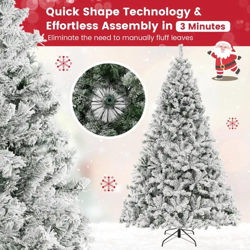 Vista 4 de Goplus - Árbol de Navidad artificial nevado de 4.5 pies, con nieve, flocado, con bisagras, preiluminado con 200 luces LED, 400 puntas de ramas