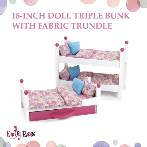 Vista 3 de Emily Rose Muebles para muñecas de 18 pulgadas, 3 camas individuales de madera apilables blancas, litera triple con (3) juegos de ropa de cama