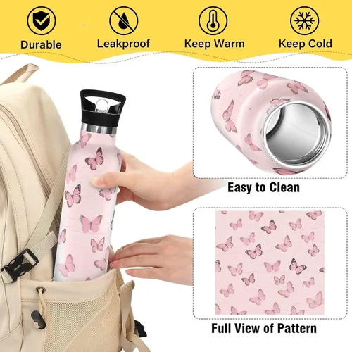 Vista 4 de Pink Butterfly Lightweight Water Bottles with Straw Double Wall Vacuum Insulated Bottles for Travel, Camping, Sports