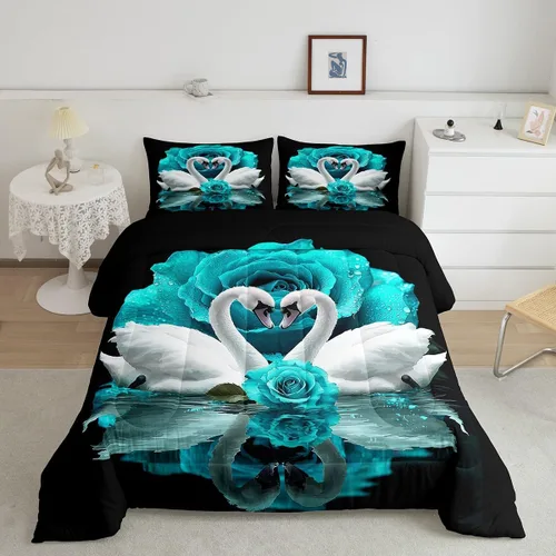 Vista 34 de Erosebridal Juego de ropa de cama de guepardo con rosa azul, juego de edredón con estampado de leopardo y gato, edredón romántico de plumón