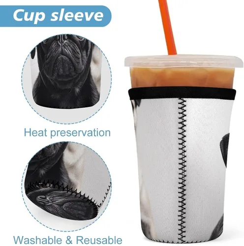 Vista 3 de Cute Black Pug Dog Reusable Insulated Neoprene Iced Coffee Cup Sleeves 3 Sizes Diving Material Cup Durable Beverage Covers for Cold Coffee Tea Drinks