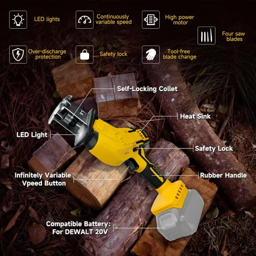 Vista 7 de Sierra recíproca inalámbrica para batería DeWalt de 20 V, cambio de hoja sin herramientas Sawzall con 4 hojas de sierra, velocidad variable
