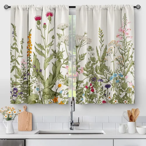 Aimego - Cortinas de cocina con plantas rústicas y flores de primavera, botánicas, con hojas verdes, cortas, para cafetería, baño, con bolsillo para