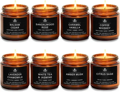 Juego de 8 velas perfumadas de cera de soja, velas de aromaterapia con manzanilla de lavanda, salvia cítrica, vainilla caramelo, whisky de café,
