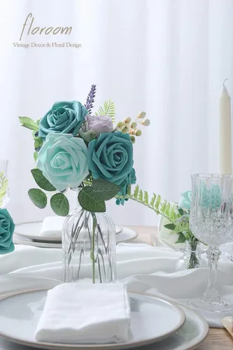 Vista 61 de Floroom Flores artificiales, 25 piezas de rosas falsas de espuma dorada antigua de aspecto real con tallos para ramos de boda DIY, centros de mesa