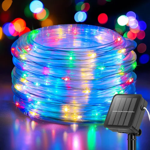 Vista 13 de ANJAYLIA Cuerda de luces solares de 33 pies con 100 luces LED para exteriores, impermeable, funciona con energía solar con 8 modos para exteriores