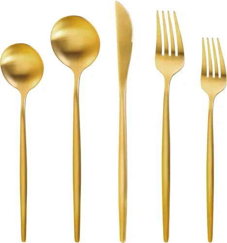Juego de cubiertos dorados para 4, MIKIWAY juego de 20 piezas de cubiertos de acero inoxidable, juego de cubiertos de mesa dorados con acabado mate,