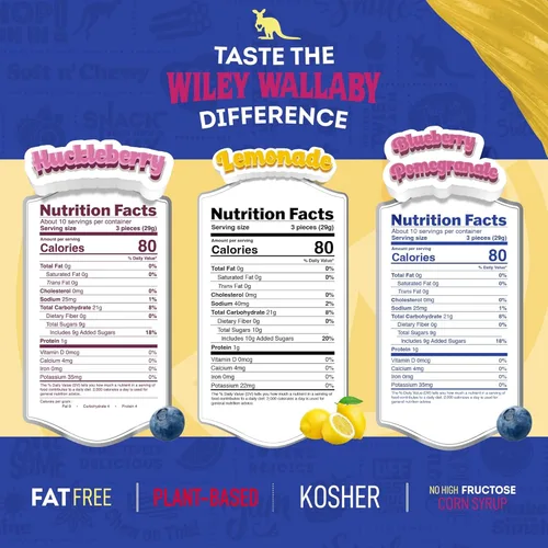 Vista 2 de Wiley Wallaby Paquete variado de regaliz – Dulces de regaliz de arándano, limonada y granada azul, estilo clásico gourmet australiano, suave