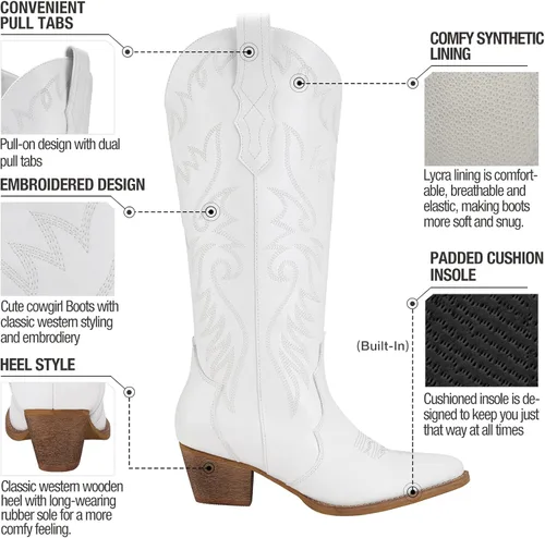 Vista 3 de Rollda Botas vaqueras bordadas para mujer, botas vaqueras hasta la rodilla con tacón grueso