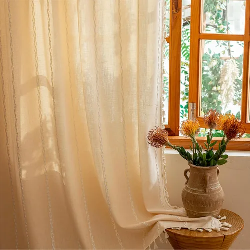 Vista 59 de Sutuo Home Cortinas de puerta francesa para puerta de patio, cortinas de lino semiopacas bohemias con borlas, tiras de granja a cuadros, decoración