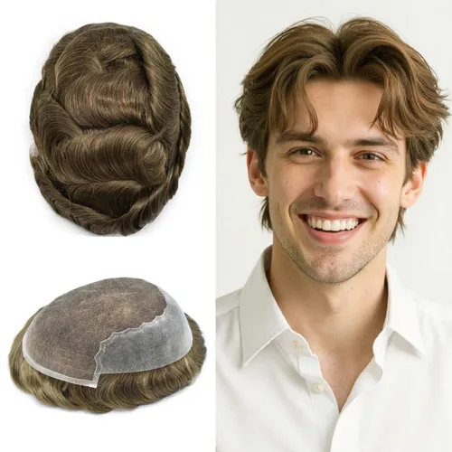 Vista 215 de Toupee - Sistemas de reemplazo de cabello para hombre, encaje frontal suizo, nudo blanqueado, pieza de cabello humano natural