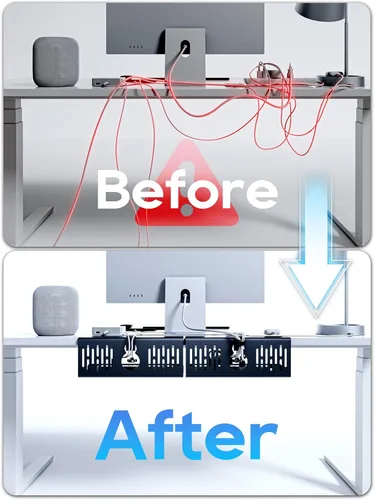 Vista 4 de NODOCA Bandeja de gestión de cables para debajo del escritorio sin perforación, gestión de cables de 14'', abrazadera sin perforaciones, bandeja