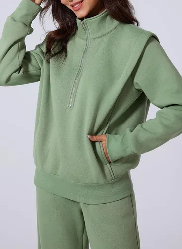 Vista 4 de Aleumdr Conjunto de dos piezas de sudadera con media cremallera para mujer, conjunto a juego con pantalón de pierna ancha aguamarina (Clearly Aqua)