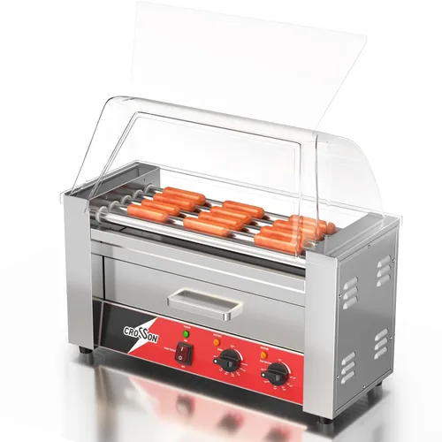CROSSON Rodillo de 5 rodillos para perros calientes con capacidad para 12 perros calientes, máquina de cocina de acero inoxidable de 950 W con