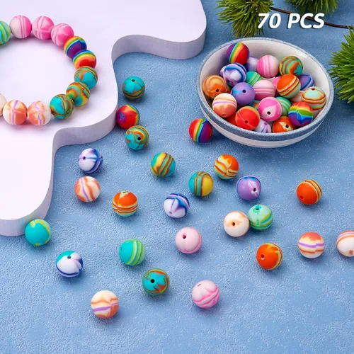Vista 3 de Kit de 70 cuentas redondas de silicona de 0.591 in, cuentas a granel para manualidades de joyería (7 estilos)