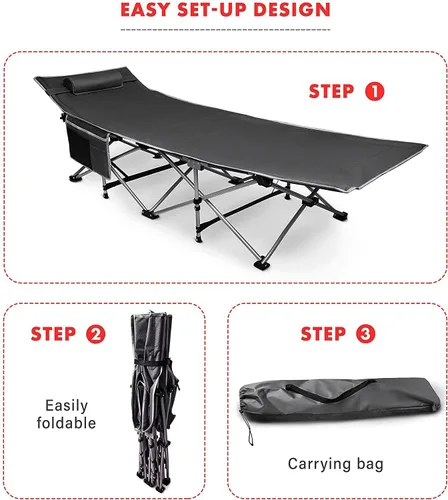 Vista 7 de VaygWay Catre plegable de viaje para acampar al aire libre, gris, ligera, cómoda, portátil, resistente, plegable, cama para dormir con bolsillo