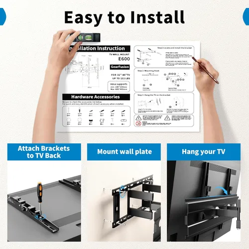Vista 7 de GearFusion Soporte de pared para TV para la mayoría de televisores de 32 a 85 pulgadas, soporte de TV de movimiento completo con extensión