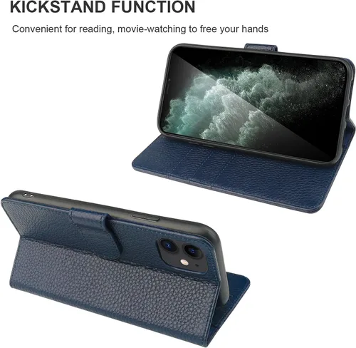 Vista 5 de Bocasal Funda de piel auténtica tipo cartera para iPhone 11, carga inalámbrica, bloqueo RFID, soporte para tarjetas de crédito, función atril, funda