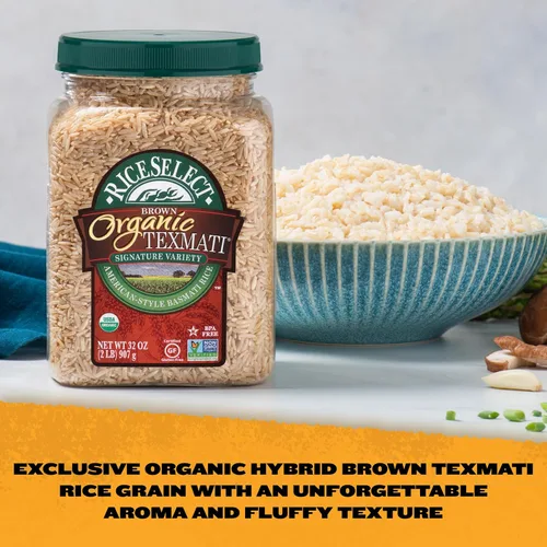 Vista 3 de RiceSelect Arroz integral Texmati orgánico, grano largo, grano entero, sin gluten, sin OMG, 32 onzas (paquete de 1 frasco)