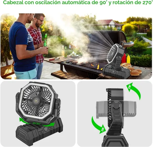 Vista 4 de Ventilador recargable de camping con linterna LED, 20,000 mAh, ventilador de escritorio auto-oscilante recargable con batería, control remoto