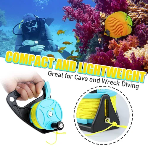 Vista 2 de Carrete de buceo con tapón de pulgar, carrete de buceo retráctil de alta visibilidad de 150 pies con interruptor de parada de mango para exploración