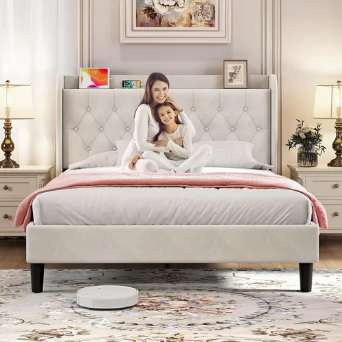 Vista 62 de koorlian Base de cama Queen con cabecero, base de cama tapizada ajustable con puertos tipo C y USB, cabecera de almacenamiento con respaldo de ala