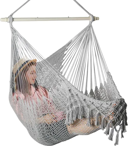 Vista 8 de Silla hamaca de cuerda de algodón tejida a mano con barra separadora de metal, silla colgante bohemia para dormitorio, silla columpio