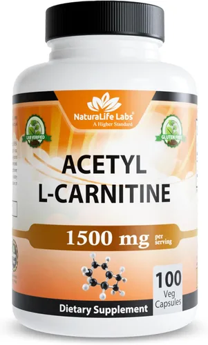 NaturaLife Labs Acetil L-carnitina (ALCAR) 1500 mg por porción – 100 cápsulas – Sin OMG, sin gluten, vegano