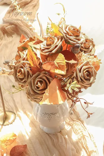 Vista 2 de Floroom Flores artificiales, 25 piezas de rosas falsas de espuma dorada antigua de aspecto real con tallos para ramos de boda DIY, centros de mesa