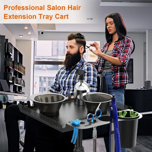 Vista 8 de Bandeja rodante de salón con 2 cuencos magnéticos, carrito de herramientas profesional, bandeja de extensión de cabello para peluqueros, bandeja