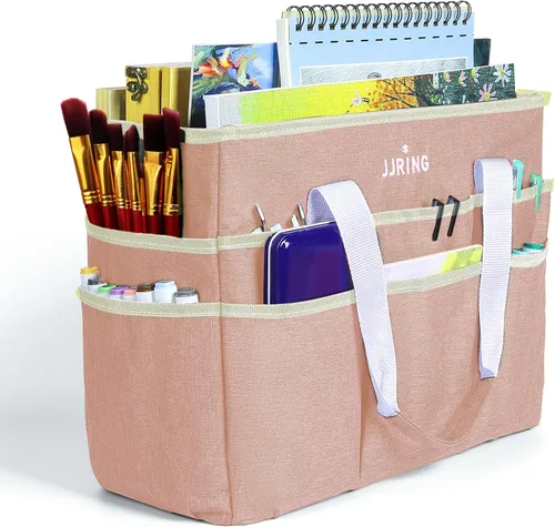 Vista 31 de JJRING Craft Organizer Tote Bag, Art Storage Caddy with Multiple Pockets, Beige Sewing Bag for Art, Craft, Scrapbooking, School, Medical, and Office