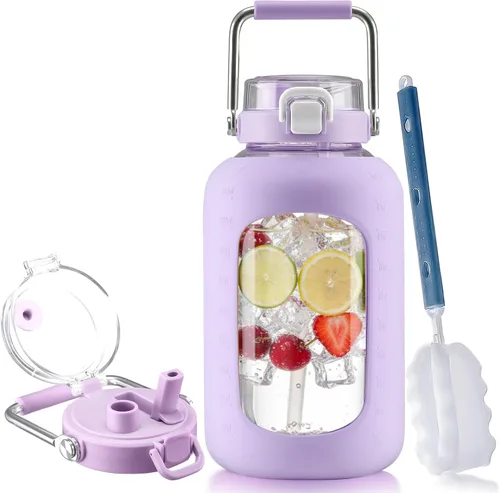 Vista 26 de BLUEGO Botella de agua de vidrio de 64 onzas con mango de acero inoxidable, botella de agua grande con marcadores de tiempo y funda de silicona