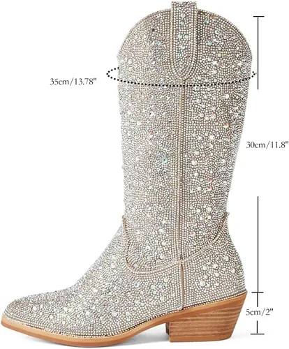 Vista 2 de MUCCCUTE Botas vaqueras con diamantes de imitación para mujer, puntera puntiaguda, tacón de 2.0 in, botas altas hasta la rodilla, botas