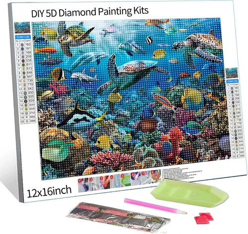 Pintura de diamante de tortuga marina DIY 5D, kit de numeración de peces submarinos, arte de pez ángel, arrecife de coral, arte de pared de acuario,