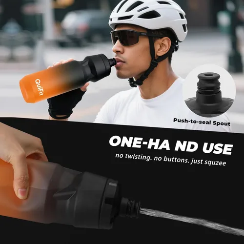 Vista 2 de QuiFit Botella de agua para bicicleta, paquete de 2 botellas exprimibles de 32 onzas, sin BPA, a prueba de fugas, jarra deportiva reutilizable