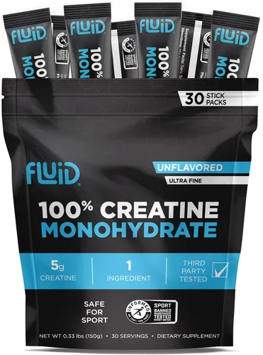 Fluid Creatina - Certificado Informed Sport | Polvo micronizado ultrafino 100% monohidrato de creatina | Sin sabor | Paquetes de bastones de viaje