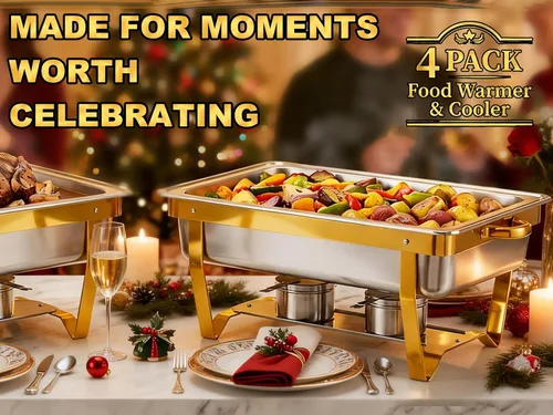 Vista 2 de Frizoky Chafing Dishes for Buffet 4 Pack, 9QTGold & Silver Stainless Steel Food Warmers Elegant & Sturdy Chafing Dish Buffet Set, Complete Set for
