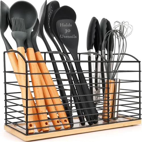 Soporte grande para utensilios de cocina, 11.8 x 6.7 x 4.7 pulgadas, diseño estético de 3 compartimentos, organizador de utensilios de cocina (metal