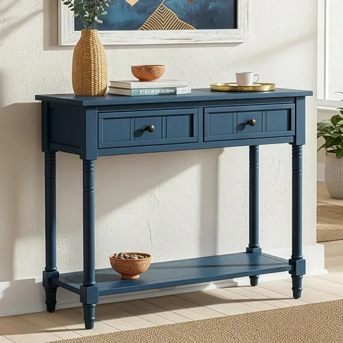 Vista 16 de P PURLOVE Mesa consola de madera con 2 cajones y estante inferior para dormitorio (azul marino)